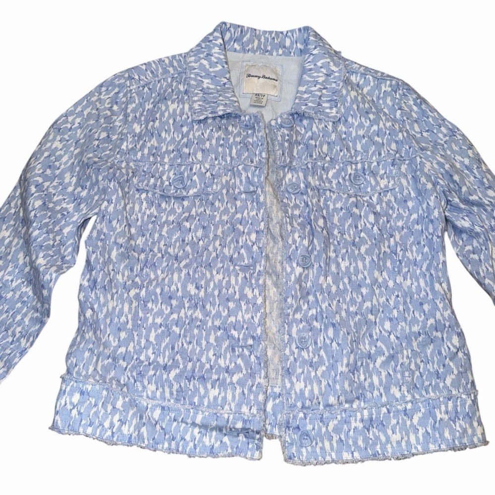 Tommy Bahama Two Palms 100%‎ Linen Raw Edge Jacket Womens Size XS Blue White